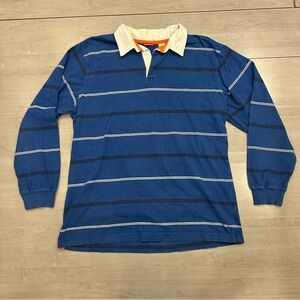 VTG Unionbay Shirt Mens 2XL Blue White/Black Stripe Y2K Rugby Polo Long Sleeve